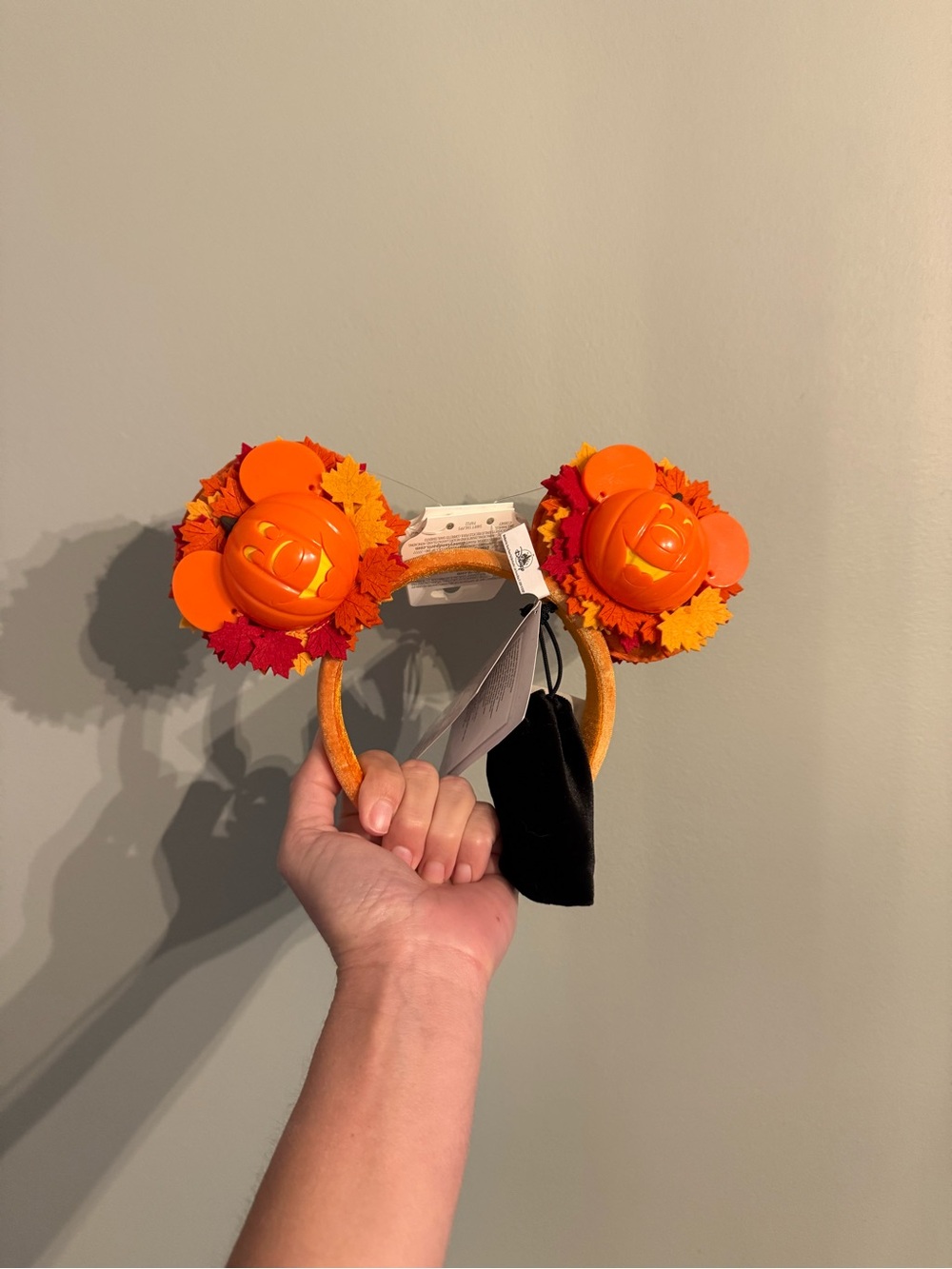 Disney Orange Pumpkin Mickey Ears Headband with Autumn Leaves
